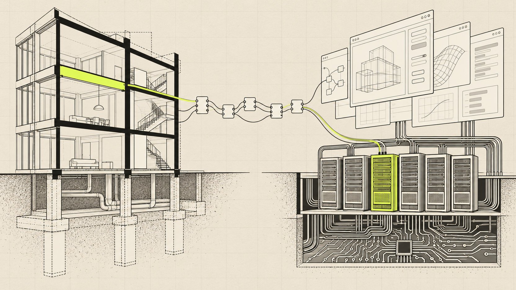 Illustration : à gauche un bâtiment en coupe (façade et structure), à droite le même schéma en logiciel (interfaces et serveurs), reliés par des composants.