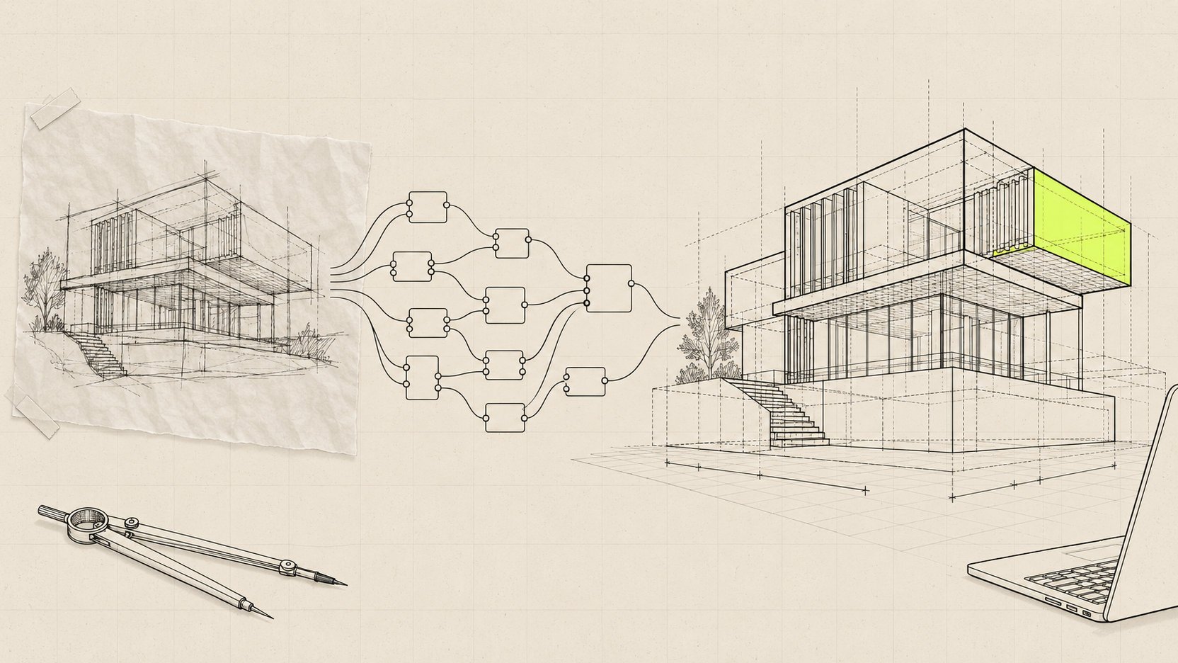 Illustration : un croquis de bâtiment se transforme, par une chaîne de composants Grasshopper, en modèle 3D filaire précis.